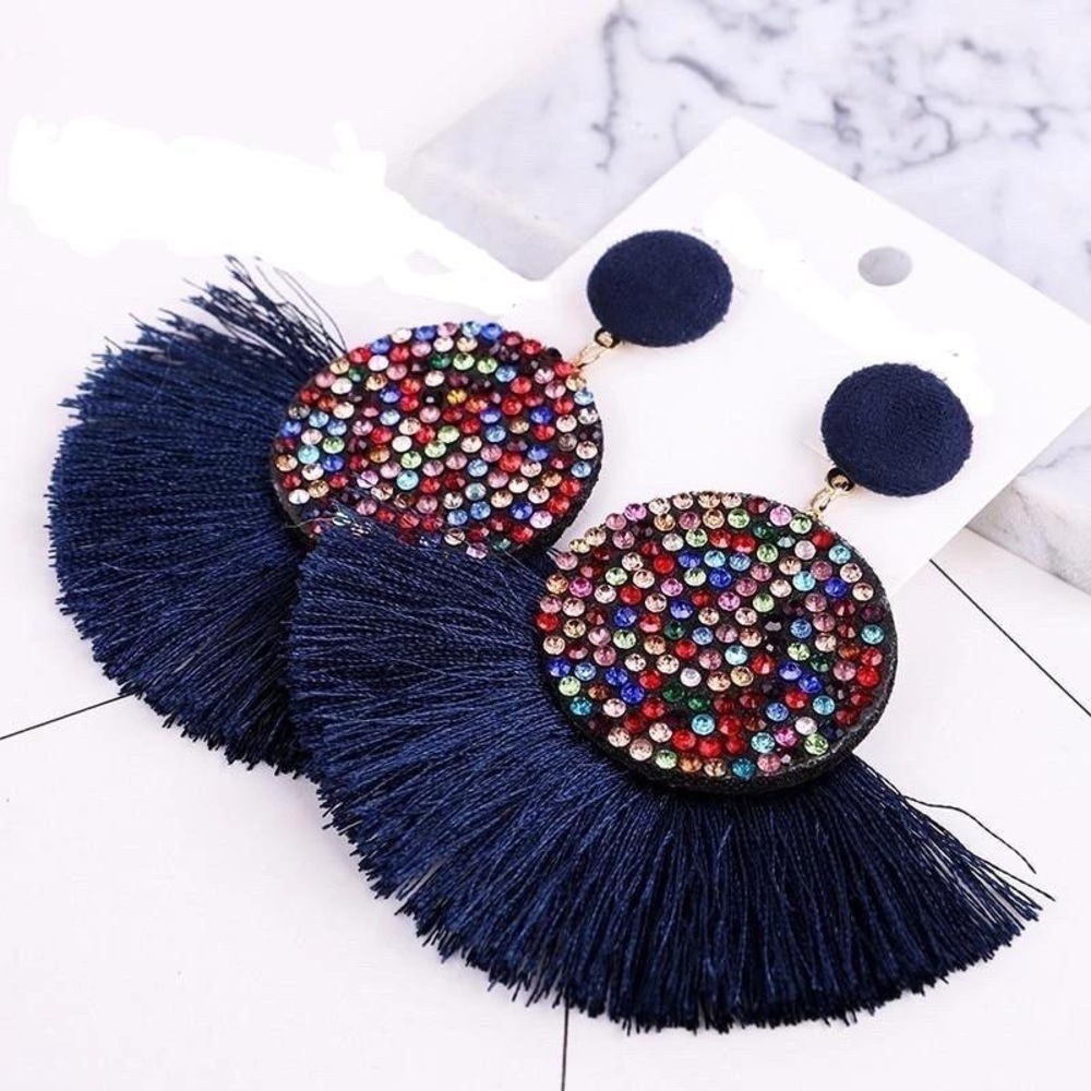 Boho Tassel Rhinestone Dangle Earrings - Picture 2 of 5